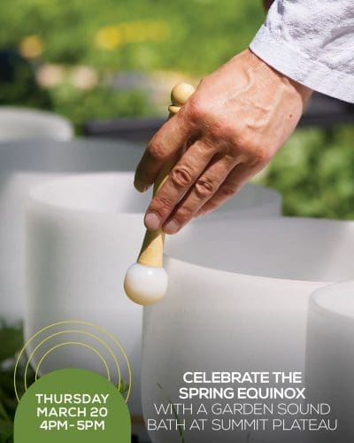 A hand holding a mallet near white sound bowls outdoors. Text reads: Thursday, March 20, 4PM-5PM. Celebrate the Spring Equinox with a Dual Healer Garden Sound Bath at Summit Plateau.